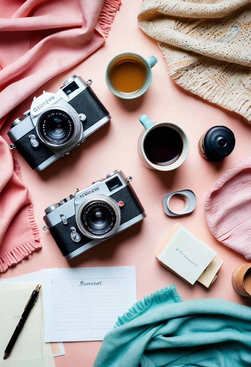 A captivating flat-lay of a vintage camera surrounded by various photography accessories such as lenses, a notepad with notes on photography tips, colorful scarves, and a cup of coffee. The background should be a soft pastel color to create a warm ambiance, while the camera is the focal point, slightly tilted for an engaging angle. Include subtle storytelling elements, like a photo printed out showing a beautiful landscape. vibrant colors. soft pastel background. flat-lay composition.