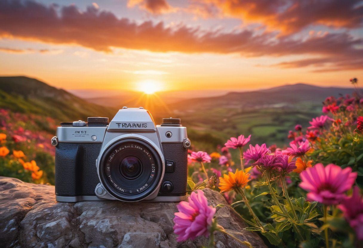 A visually striking composition of a camera capturing a stunning landscape, with colorful flowers in the foreground and a vibrant sunset in the background. The scene should convey creativity and inspiration, showcasing a well-composed shot with a hint of text overlay that reads 'Transform Your Blog'. Artistic elements like light flares and depth of field should enhance the image. super-realistic. vibrant colors. 3D.