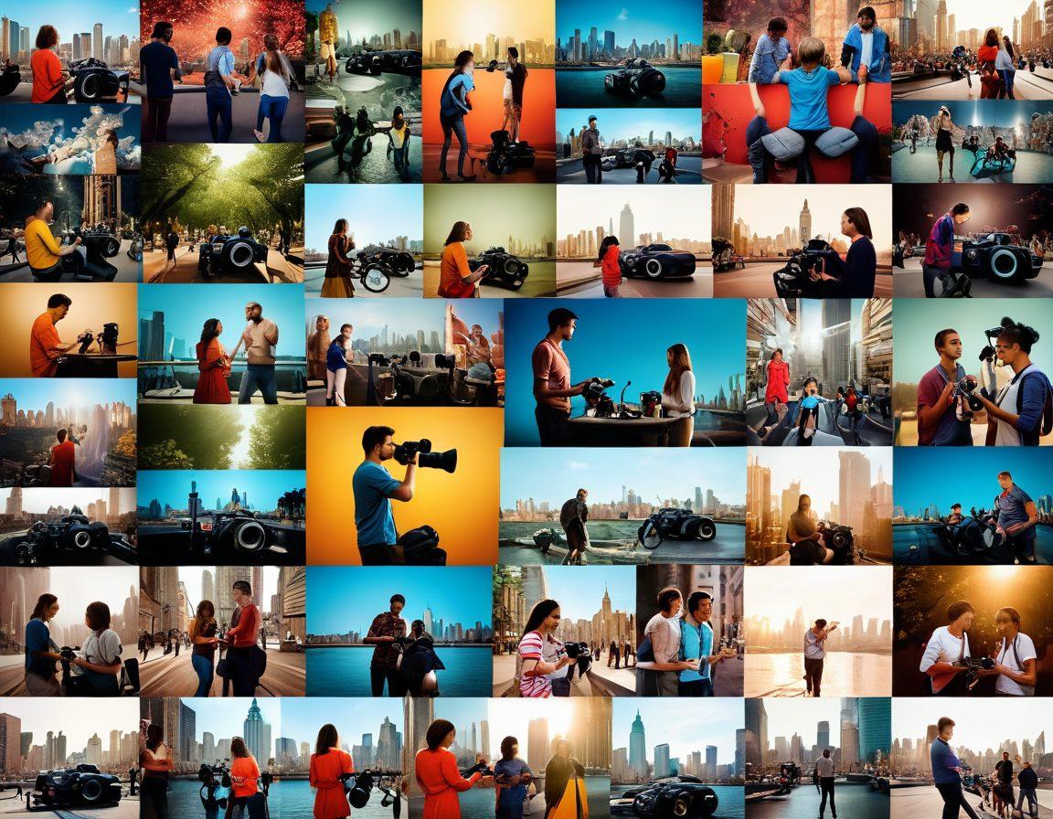 A vibrant collage of various photojournalistic scenes showcasing a diverse group of bloggers capturing moments, from candid shots to staged masterpieces. Include an array of cameras and lenses, with a backdrop of lively city life and nature. Emphasize the transformation from casual snapshots to artistic images, using a dynamic color palette. super-realistic. vibrant colors. 3D.